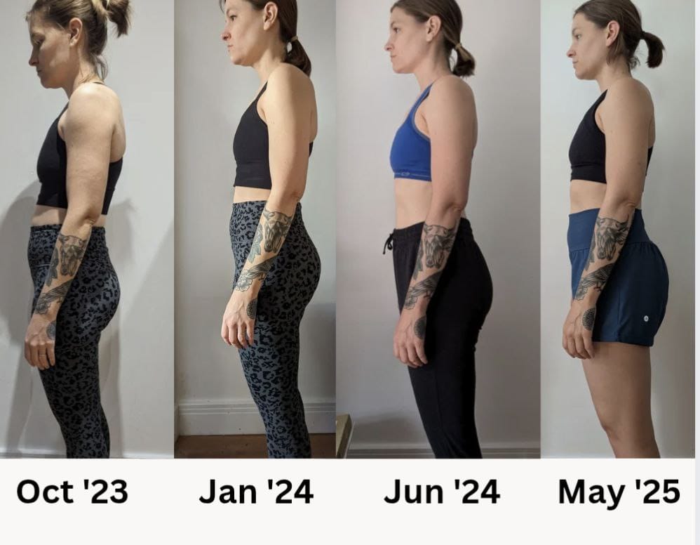 Side-view progress comparison from October 2023 to May 2025